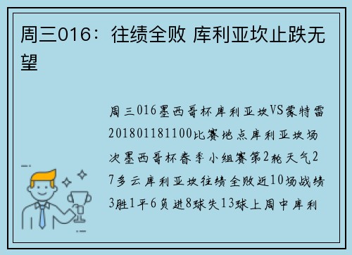 周三016：往绩全败 库利亚坎止跌无望