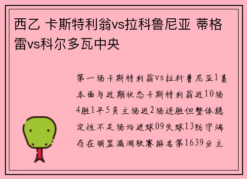 西乙 卡斯特利翁vs拉科鲁尼亚 蒂格雷vs科尔多瓦中央